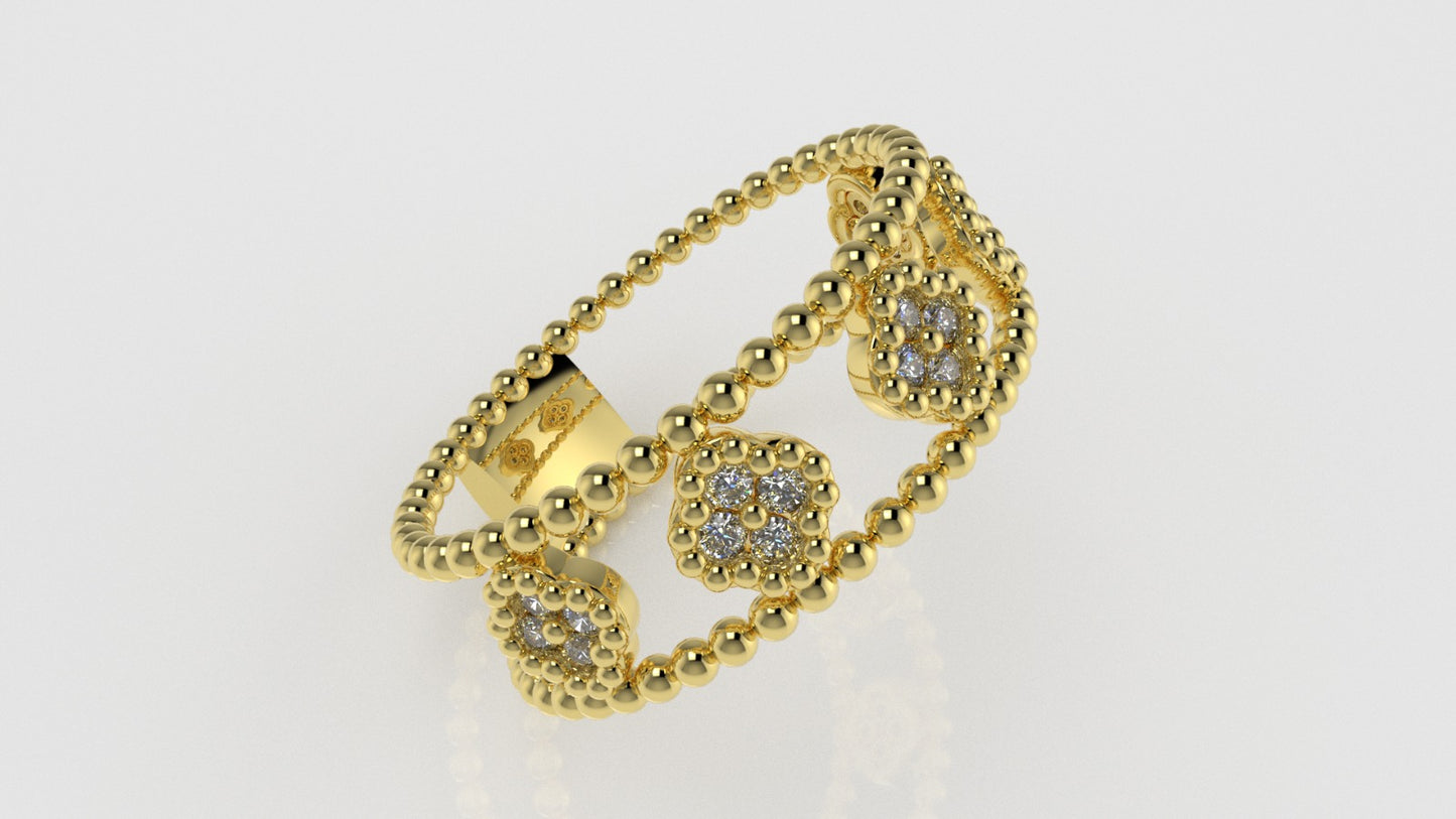 14K Gold Ring with 20 Diamonds, STT: Prong and Bezel, Filigree, 5 Clover