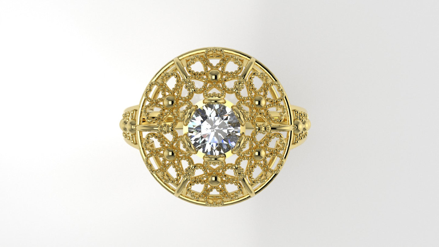 14K Gold Ring with 1 Diamond, STT: 6-Prong, Filigree Heart