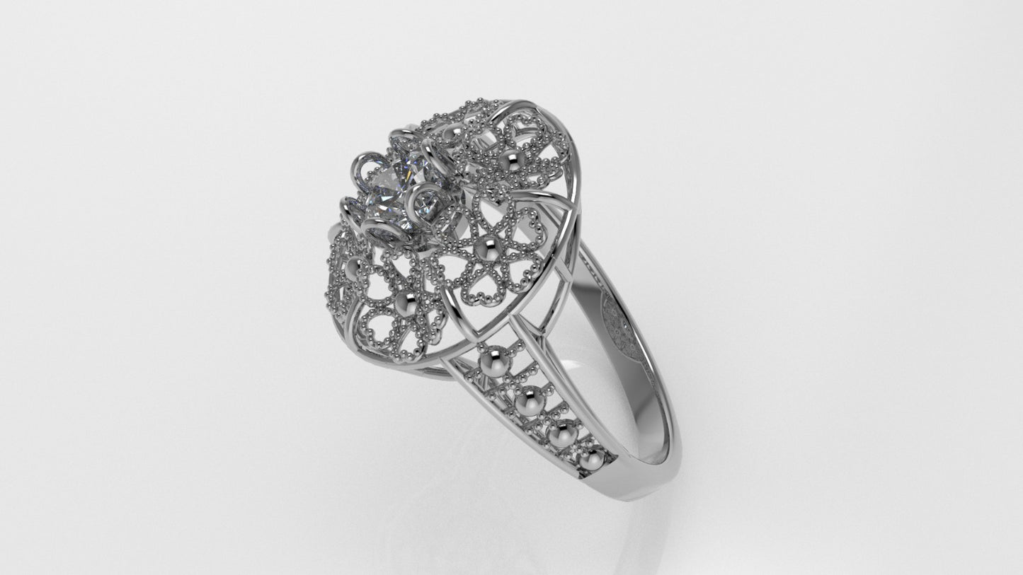 14K Gold Ring with 1 Diamond, STT: 6-Prong, Filigree Heart