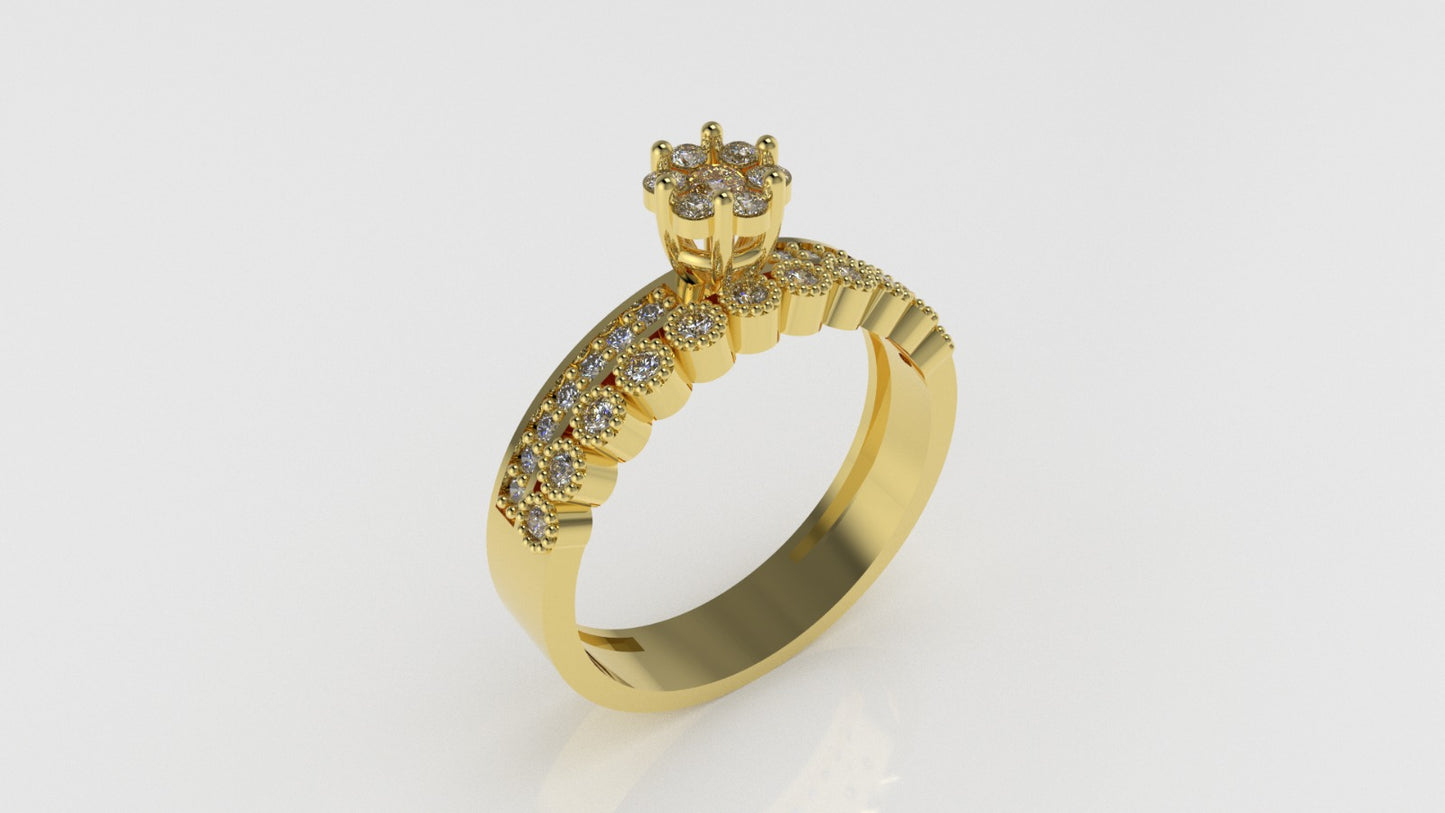 14K Gold Ring with 32 Diamonds, STT: Prong and Cut Chanel, Filigree, Diamond Mounted Toch Stt
