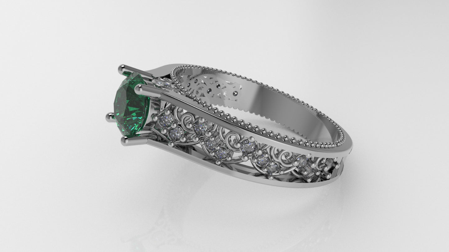 14K Gold Solitaire Ring with 25 Stones, STT: 4-Prong and Bezel, Filigree