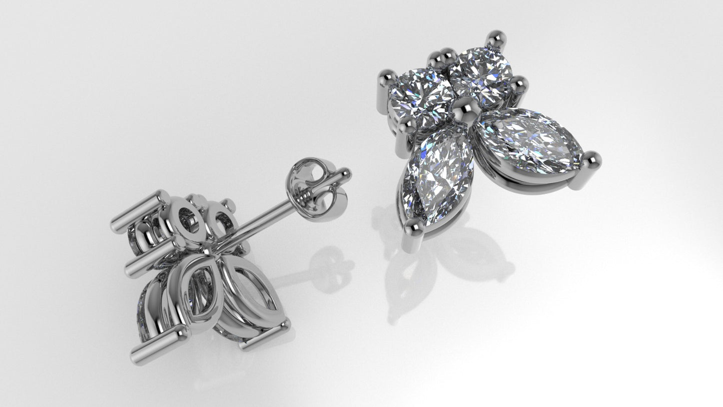 14K Gold Earrings with 8 Diamonds, "STT: Prongs", Push Back, Butterfly Style