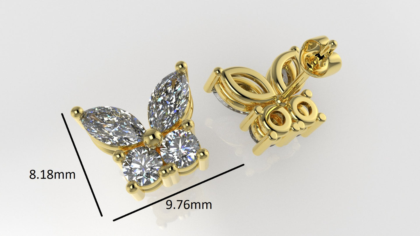 14K Gold Earrings with 8 Diamonds, "STT: Prongs", Push Back, Butterfly Style