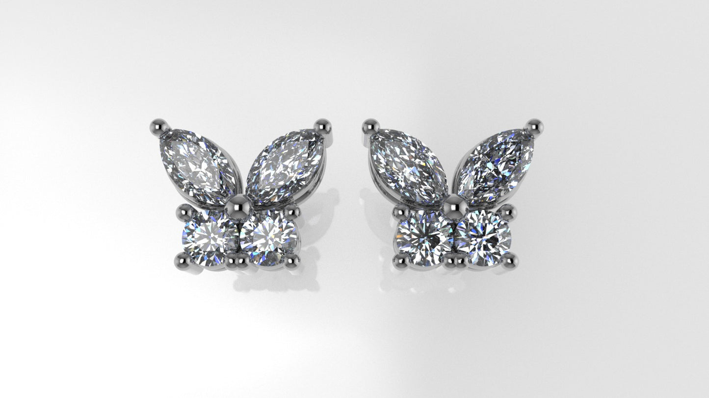 14K Gold Earrings with 8 Diamonds, "STT: Prongs", Push Back, Butterfly Style