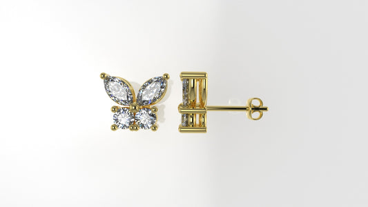 14K Gold Earrings with 8 Diamonds, "STT: Prongs", Push Back, Butterfly Style