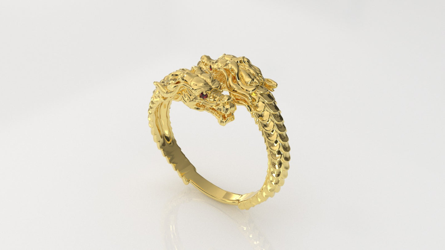 14K Gold Ring with 4 Ruby, Stt: 2-Prong, Dragon Head Style