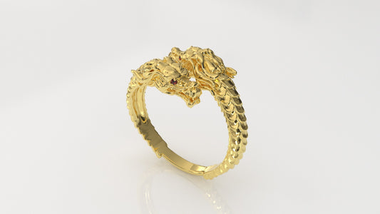 14K Gold Ring with 4 Ruby, Stt: 2-Prong, Dragon Head Style