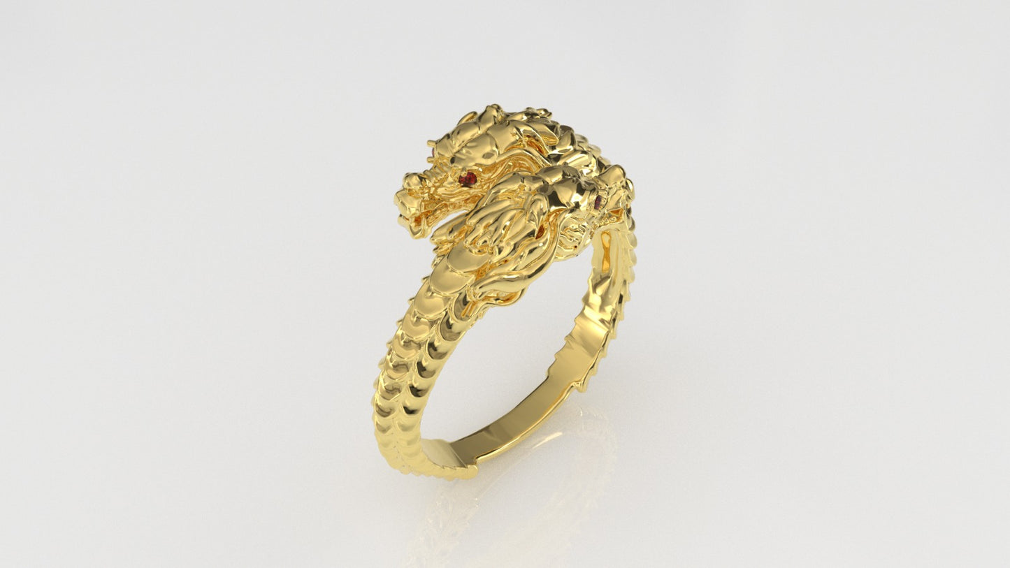 14K Gold Ring with 4 Ruby, Stt: 2-Prong, Dragon Head Style