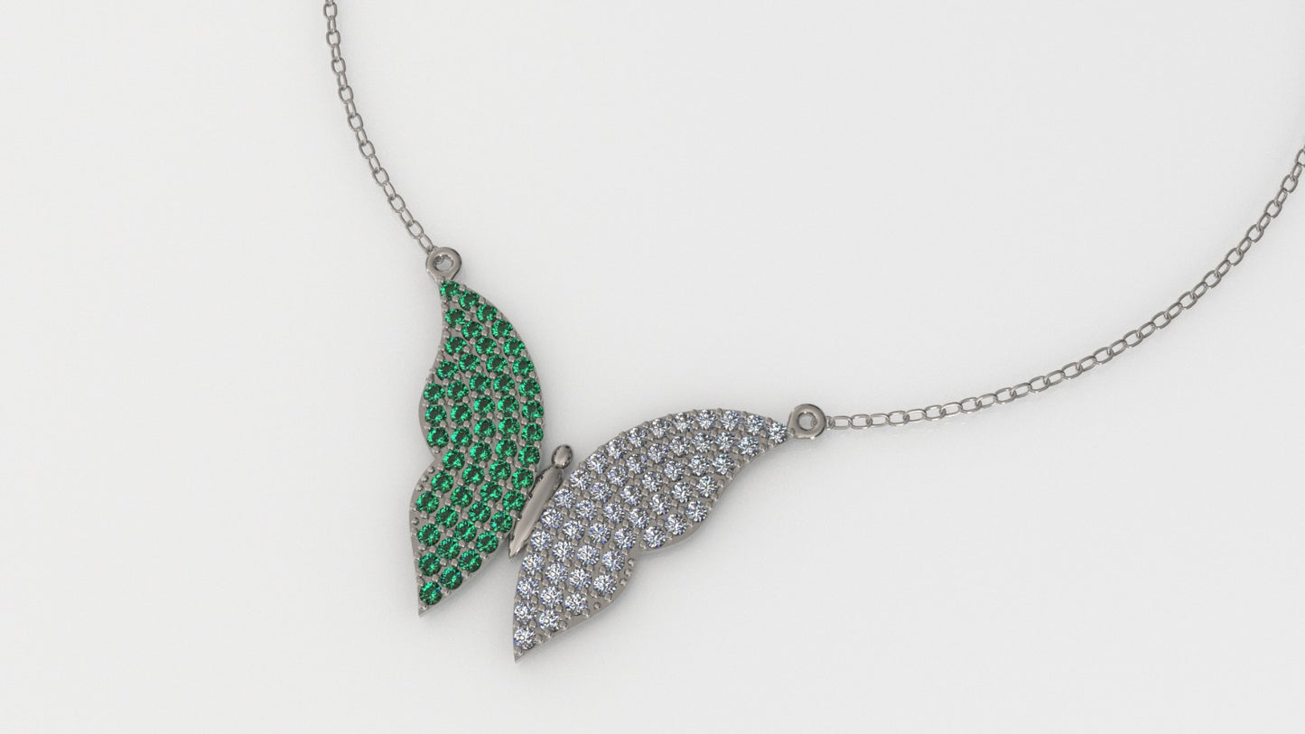 14K Gold Pendant with 51 Emeralds and 51 Diamonds, STT: Prong, Only Pendant, Butterfly Style