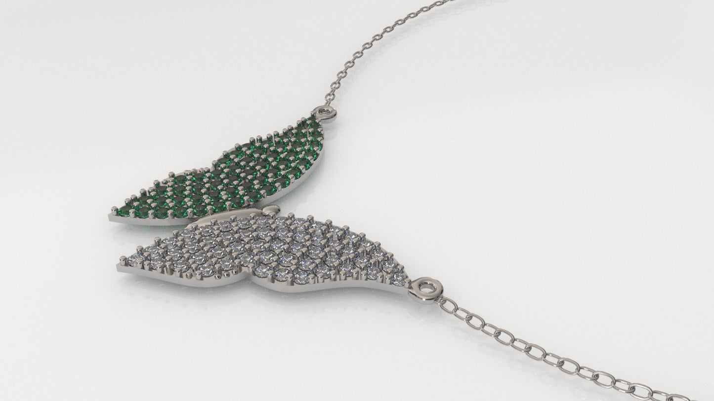 14K Gold Pendant with 51 Emeralds and 51 Diamonds, STT: Prong, Only Pendant, Butterfly Style