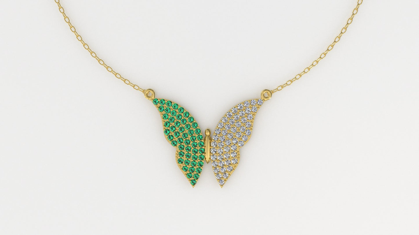 14K Gold Pendant with 51 Emeralds and 51 Diamonds, STT: Prong, Only Pendant, Butterfly Style
