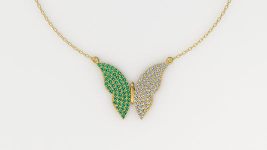 14K Gold Pendant with 51 Emeralds and 51 Diamonds, STT: Prong, Only Pendant, Butterfly Style