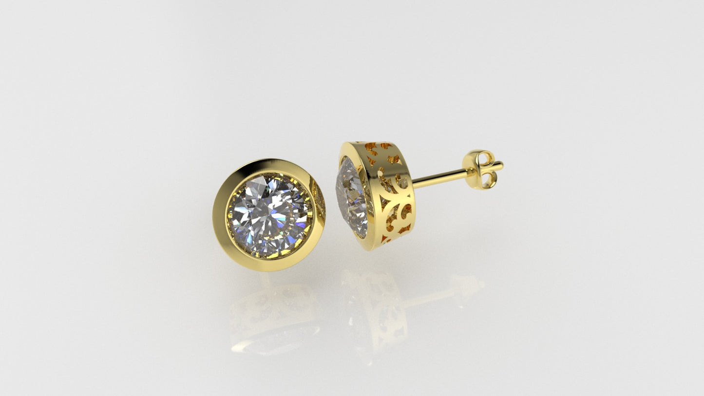 14K Gold Earrings with 2 Diamonds, "STT: Bezel", Push Back