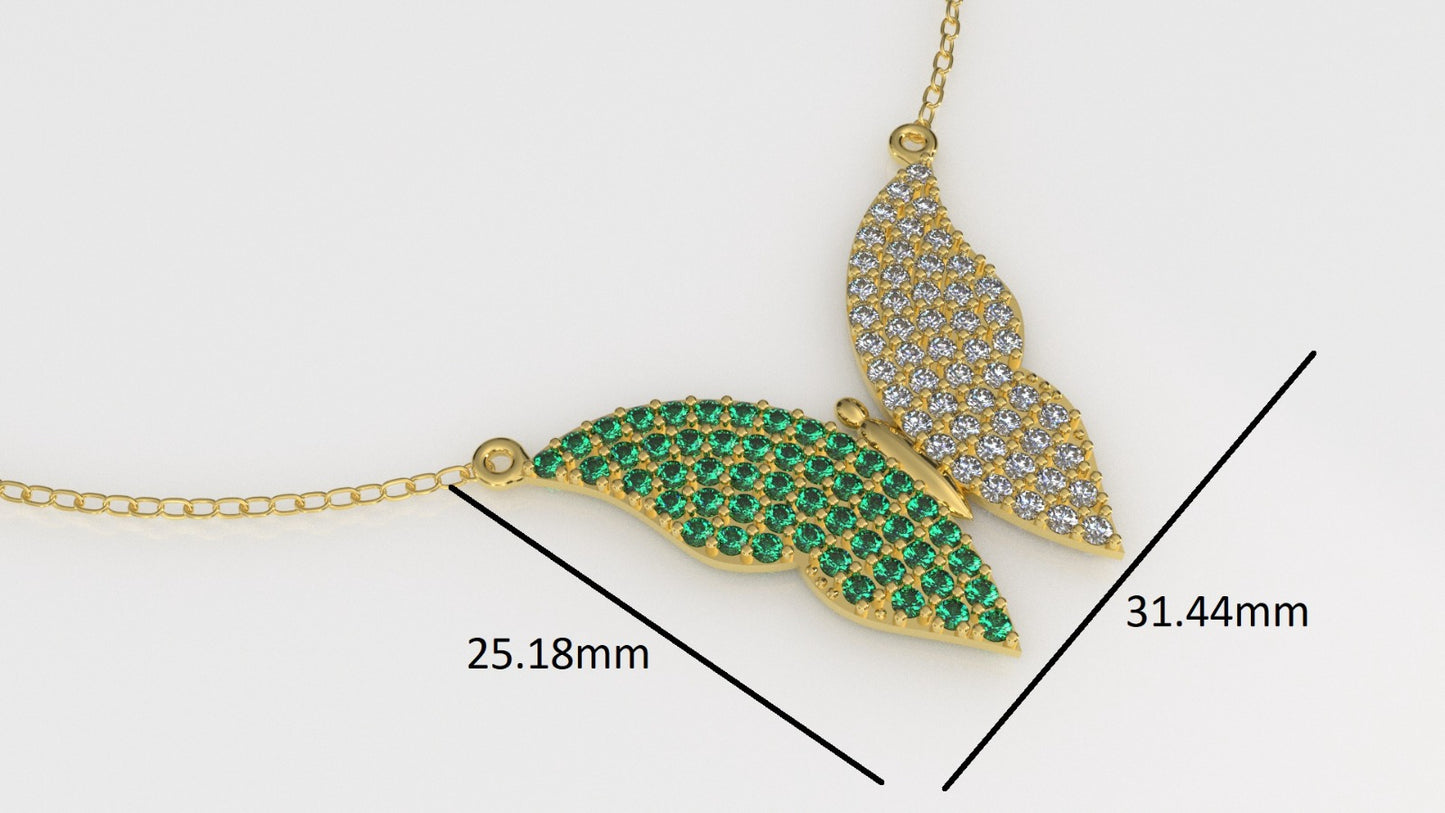 14K Gold Pendant with 51 Emeralds and 51 Diamonds, STT: Prong, Only Pendant, Butterfly Style