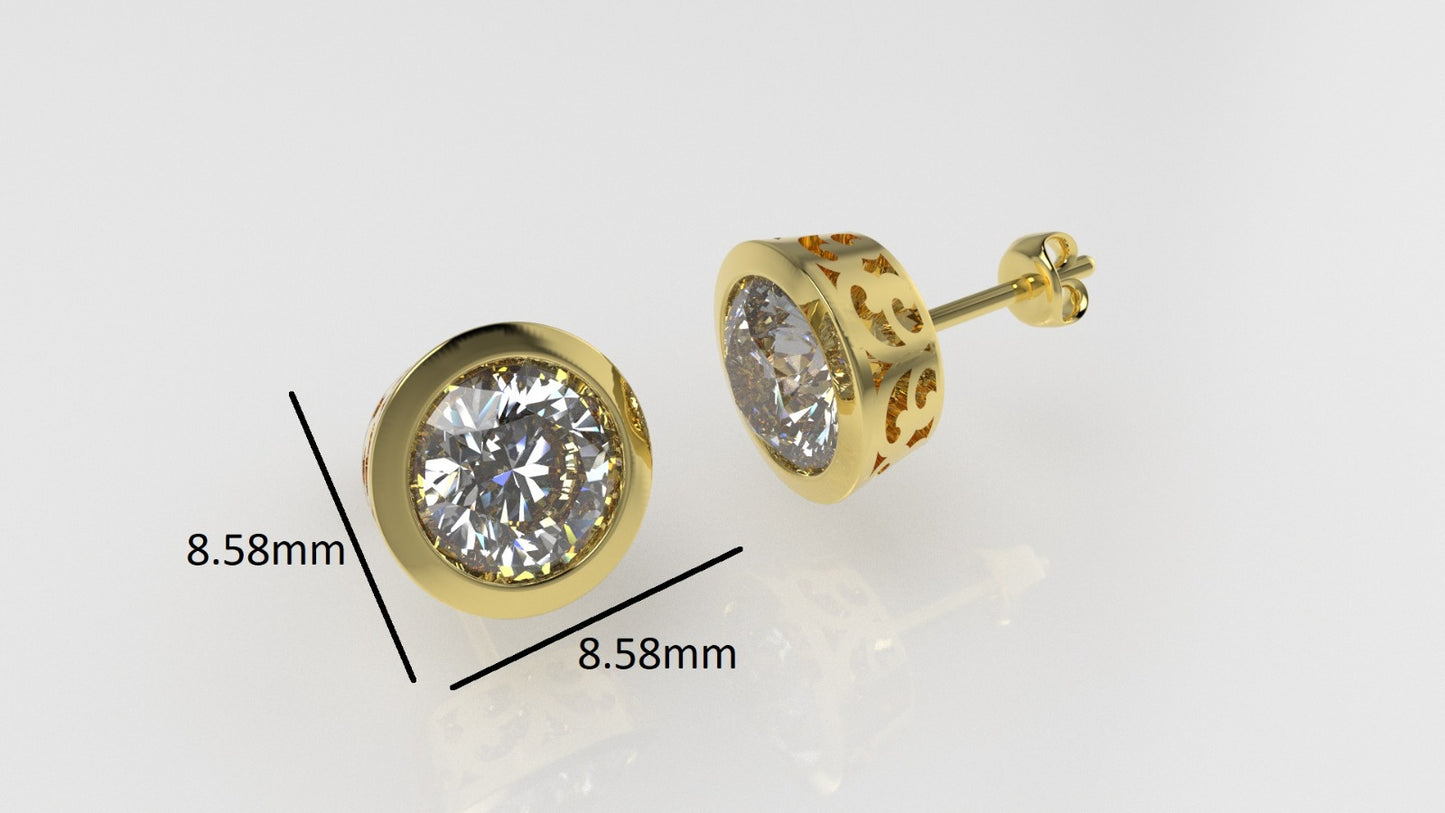 14K Gold Earrings with 2 Diamonds, "STT: Bezel", Push Back