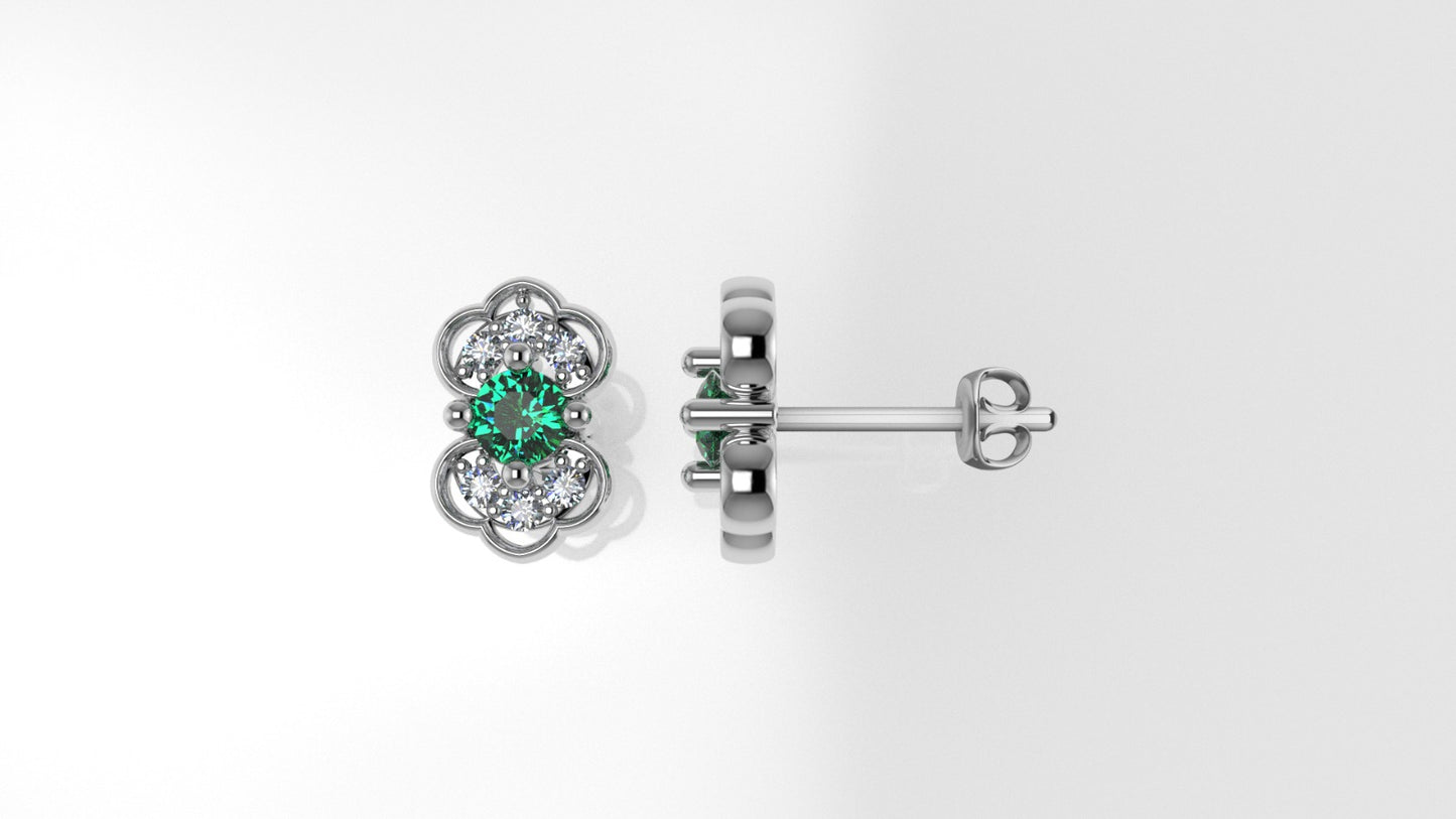 14K Gold Earrings with 2 Emerald and 12 Diamonds, "STT: Prong", Push Back