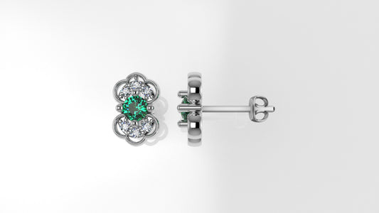 14K Gold Earrings with 2 Emerald and 12 Diamonds, "STT: Prong", Push Back