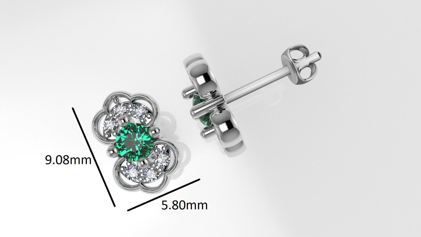 14K Gold Earrings with 2 Emerald and 12 Diamonds, "STT: Prong", Push Back
