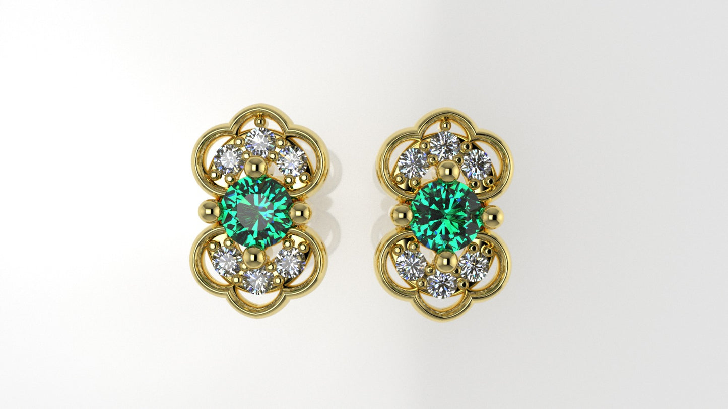 14K Gold Earrings with 2 Emerald and 12 Diamonds, "STT: Prong", Push Back