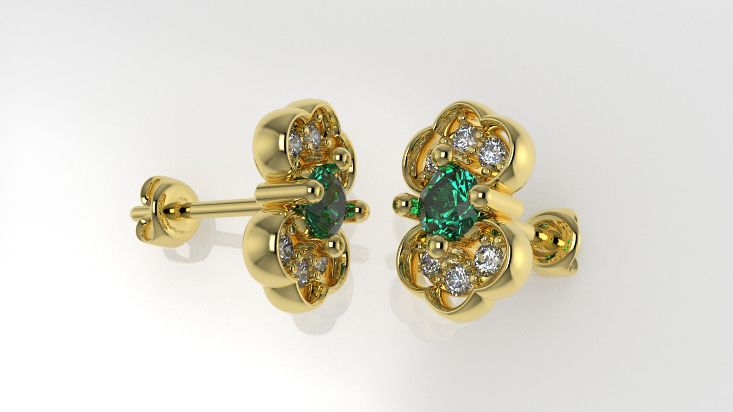 14K Gold Earrings with 2 Emerald and 12 Diamonds, "STT: Prong", Push Back