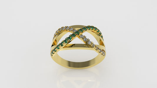 14K Gold Ring with 18 Diamonds and 20 Emeralds, Stt: Prong, Cut Split