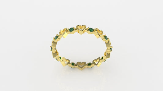 14K Gold Ring with 10 Emeralds, STT: 2-Prong, Heart Style