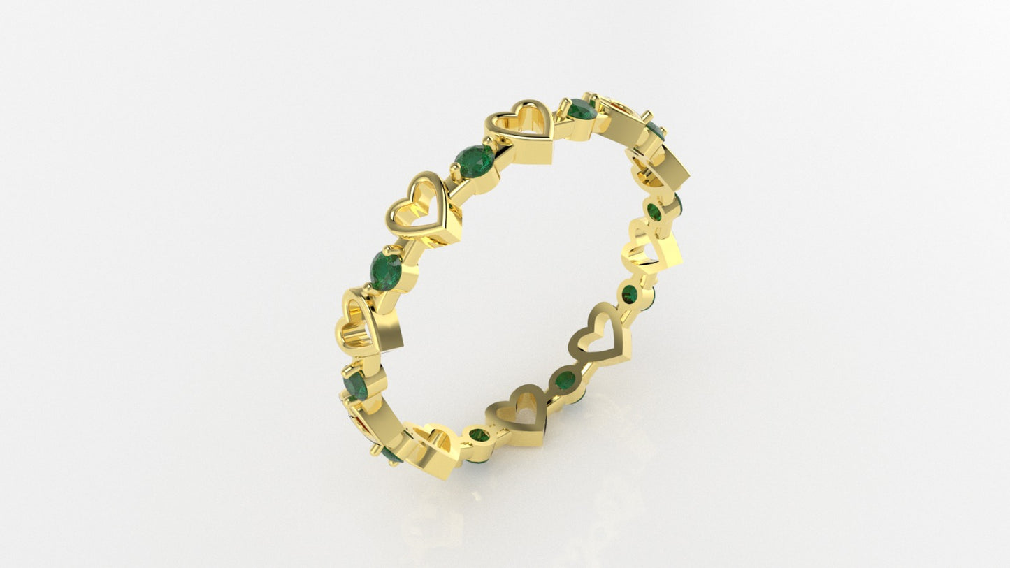 14K Gold Ring with 10 Emeralds, STT: 2-Prong, Heart Style