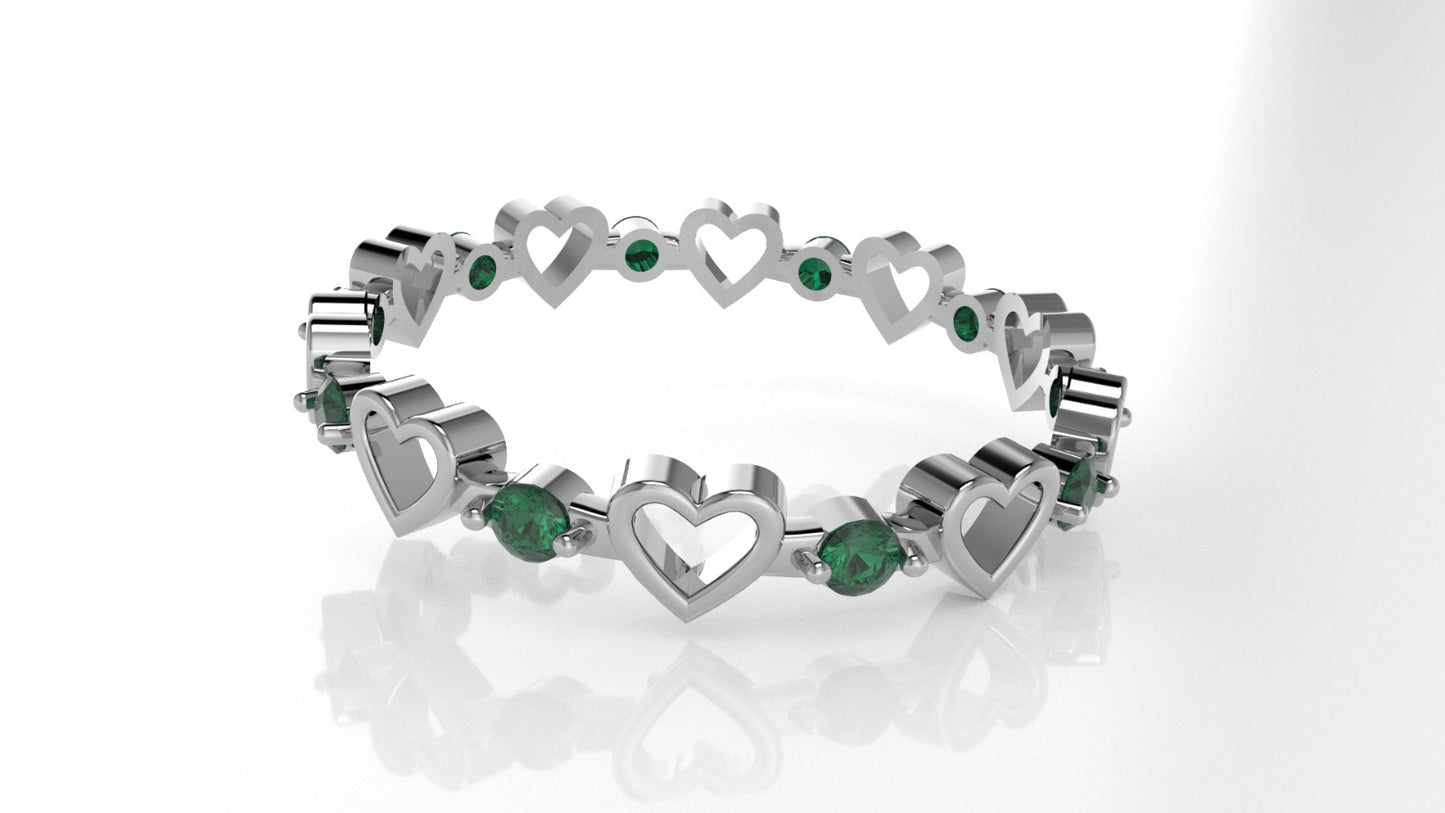 14K Gold Ring with 10 Emeralds, STT: 2-Prong, Heart Style