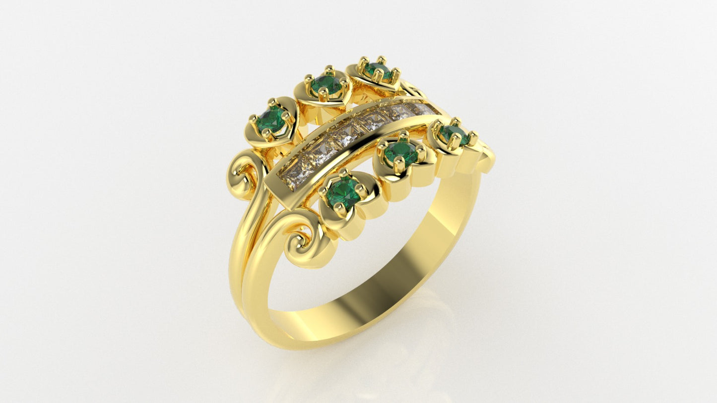 14K Gold Ring with 12 Stones, STT: Cut Chanel and 4-Prong, Heart Style