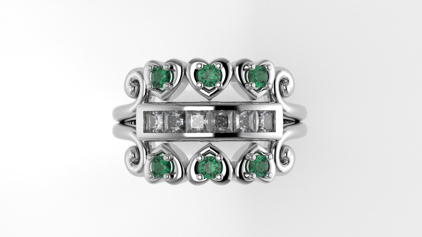 14K Gold Ring with 12 Stones, STT: Cut Chanel and 4-Prong, Heart Style