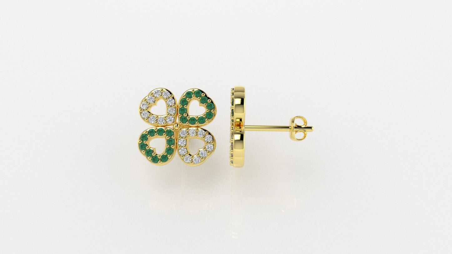 14K Gold Earrings with 40 Emeralds and 40 Diamonds, "STT: Prong", Push Back, Heart Style