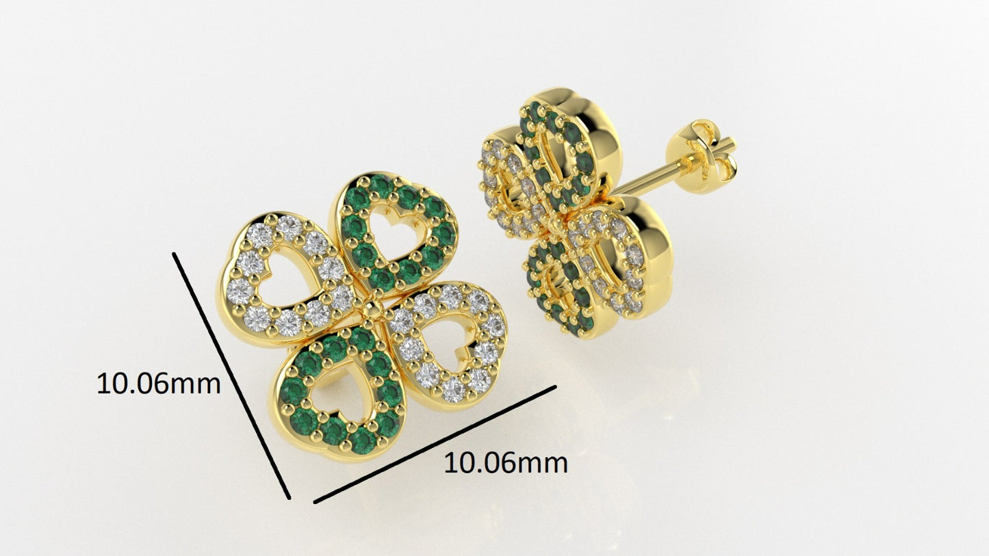 14K Gold Earrings with 40 Emeralds and 40 Diamonds, "STT: Prong", Push Back, Heart Style