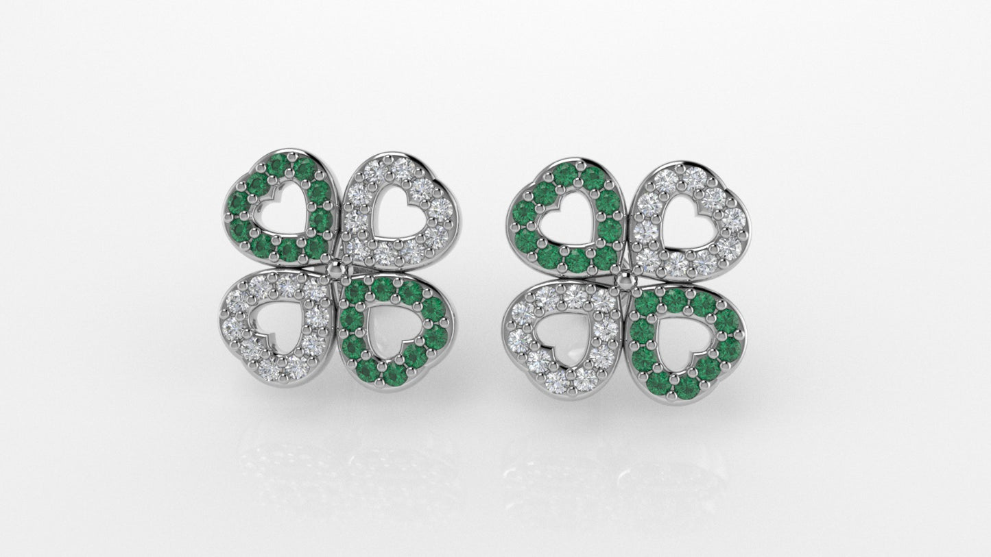 14K Gold Earrings with 40 Emeralds and 40 Diamonds, "STT: Prong", Push Back, Heart Style