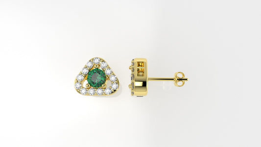 14K Gold Earrings with 26 Diamonds and 2 Emerald, "STT: Prong", Push Back