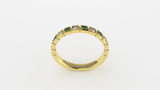 14K Square Filigree Ring with 6 Esmeralds and 6 Diamonds, STT: 2-Prong