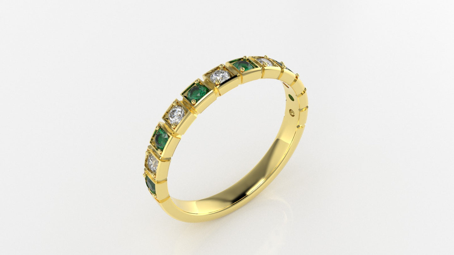14K Square Filigree Ring with 6 Esmeralds and 6 Diamonds, STT: 2-Prong