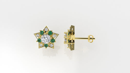 14K Star Gold Earrings with 12 Diamonds and 10 Emeralds, "STT: Prong", Push Back