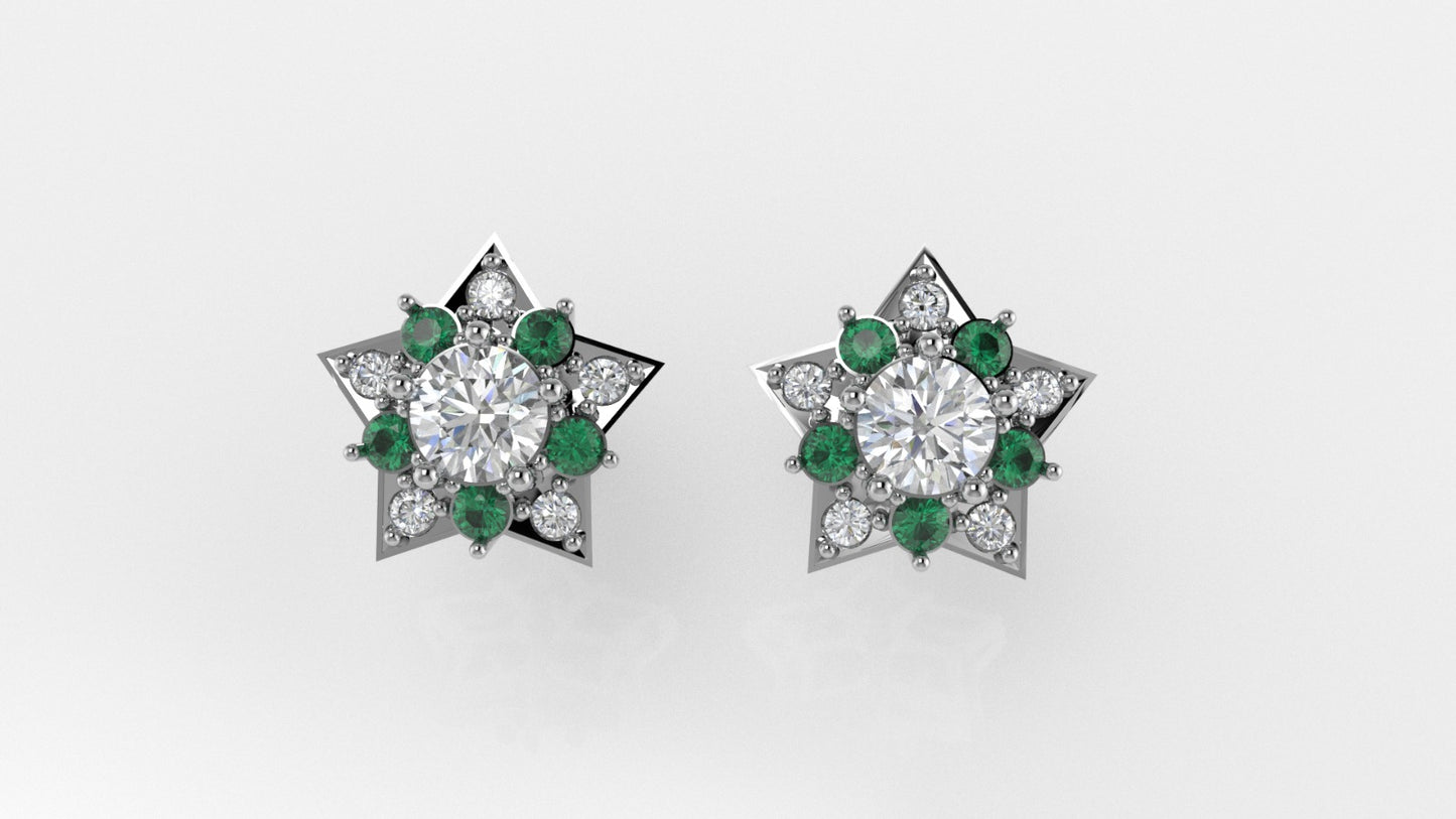 14K Star Gold Earrings with 12 Diamonds and 10 Emeralds, "STT: Prong", Push Back