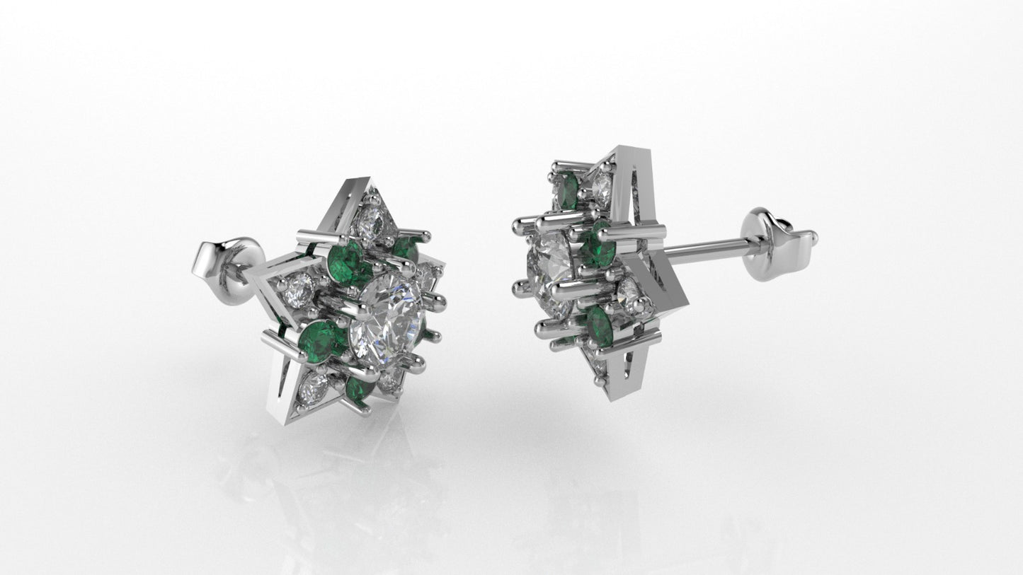 14K Star Gold Earrings with 12 Diamonds and 10 Emeralds, "STT: Prong", Push Back