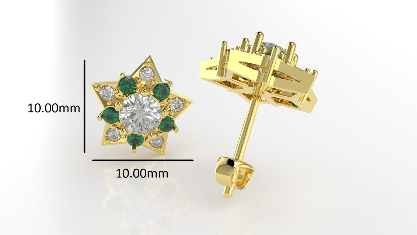 14K Star Gold Earrings with 12 Diamonds and 10 Emeralds, "STT: Prong", Push Back