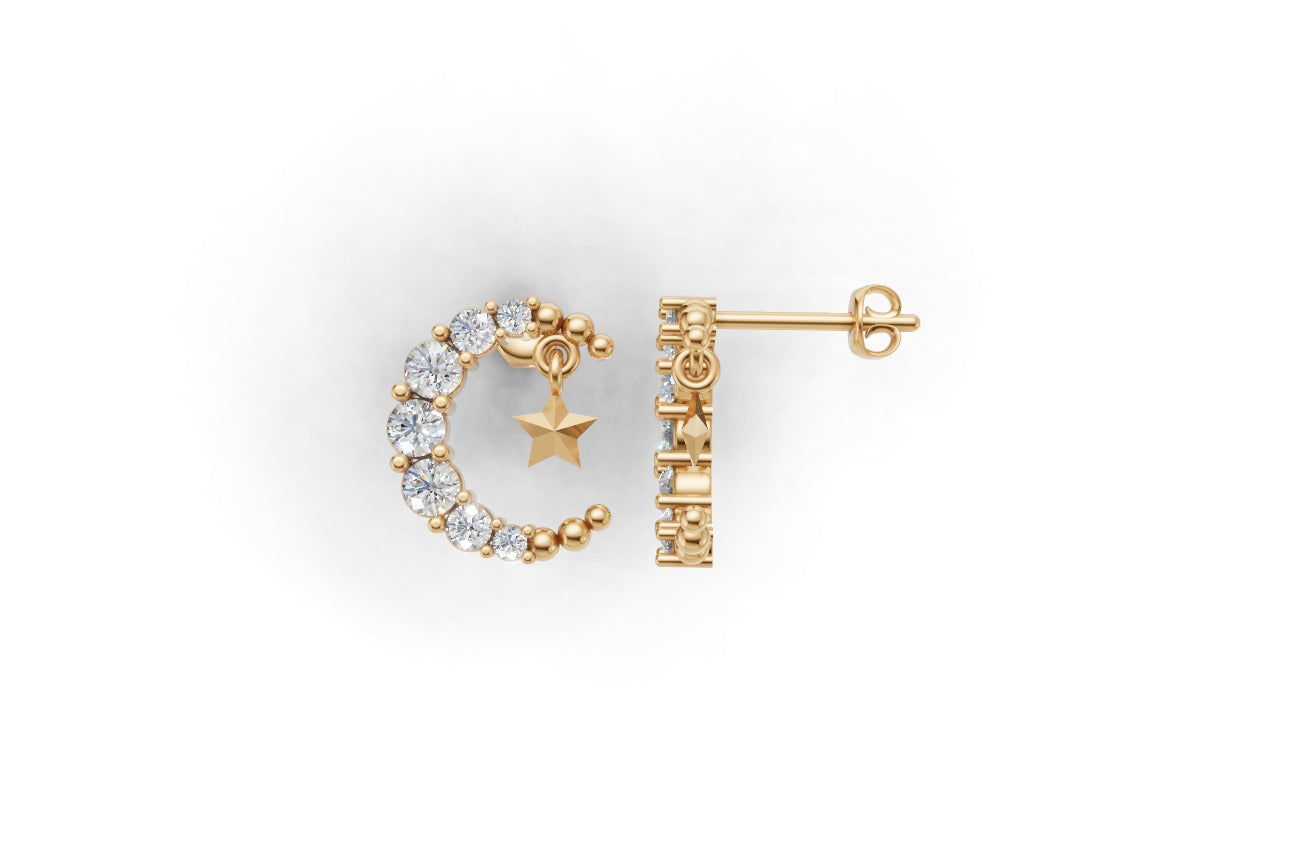14k Gold Moon and Star Earrings with 14 Diamonds, "STT: Prong", Push Back