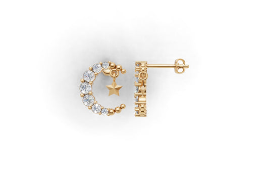 14k Gold Moon and Star Earrings with 14 Diamonds, "STT: Prong", Push Back