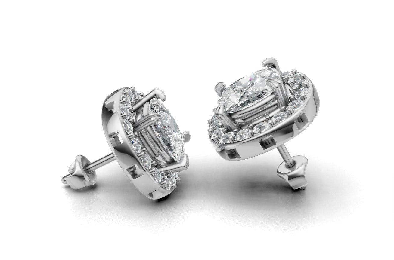 14k Gold Earrings Cushion with 34 Diamonds, "STT: 4-Prong", Push Back