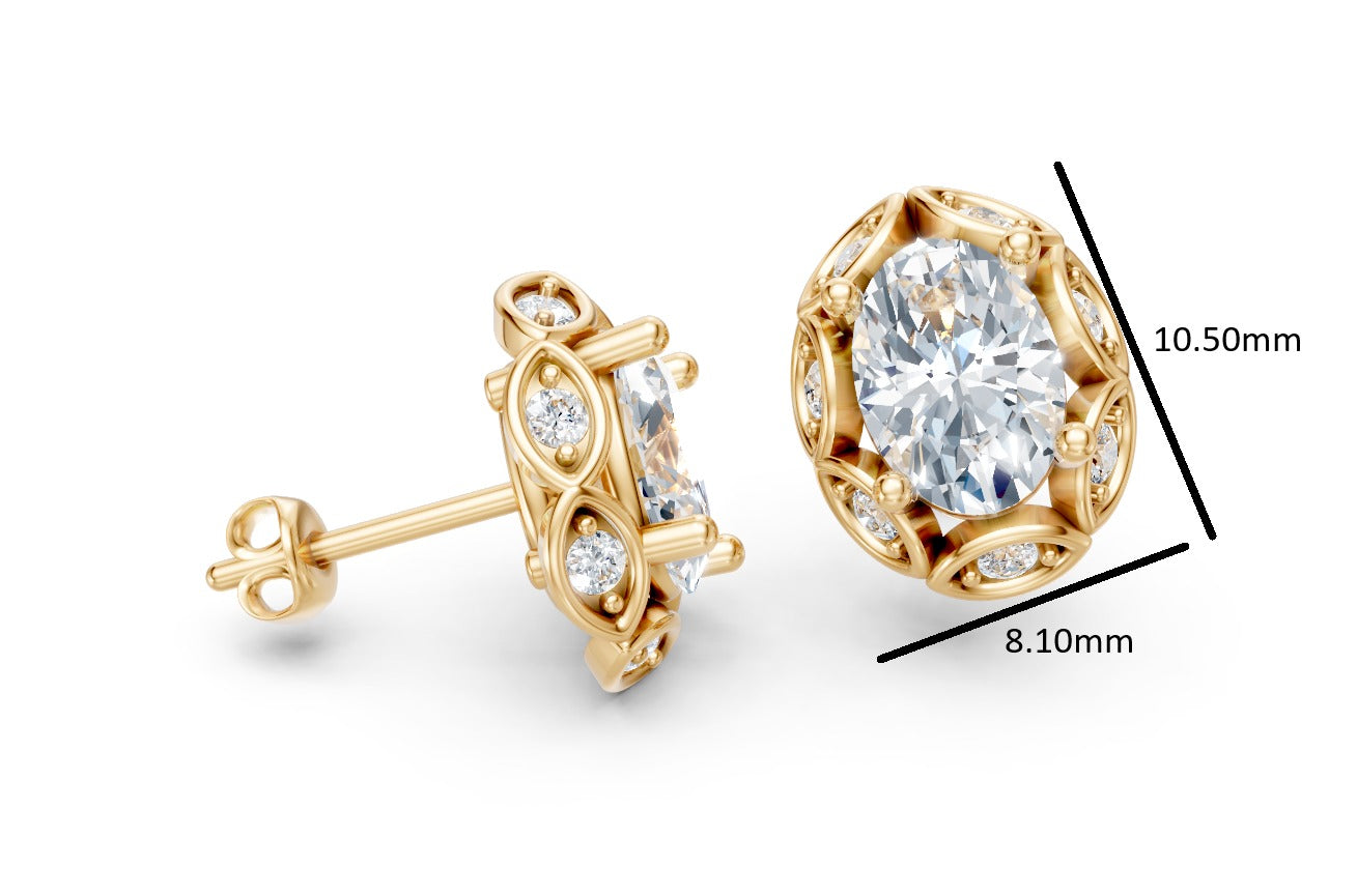 14k Gold Earrings Oval with 16 Diamonds, "STT: 4 Prong", Push Back