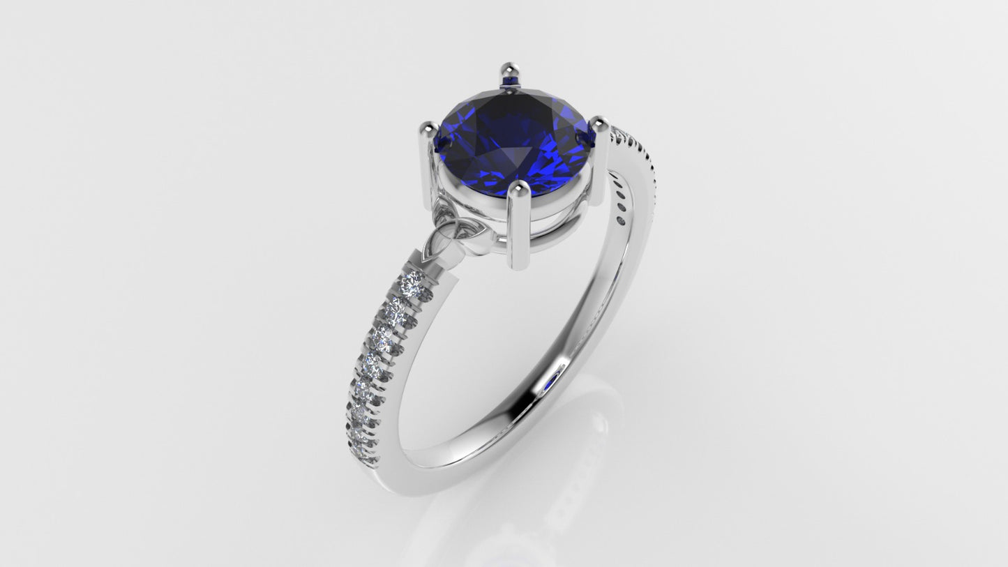 14K solitaire engagement Ring with 1 BLUE SAPPHIRE 6.5mm and 16 MOISSANITE 1.2mm VS1 each, stt prong, cut split