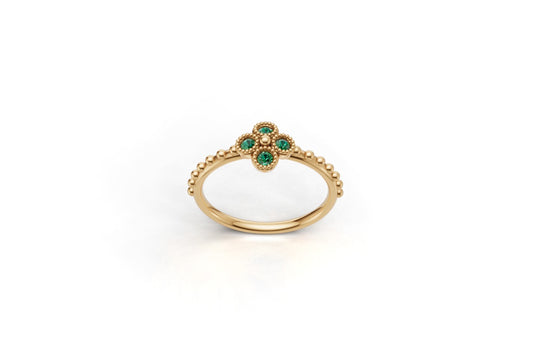 14K Gold Ring with 4 Emeralds, STT: Bezel, Filigree