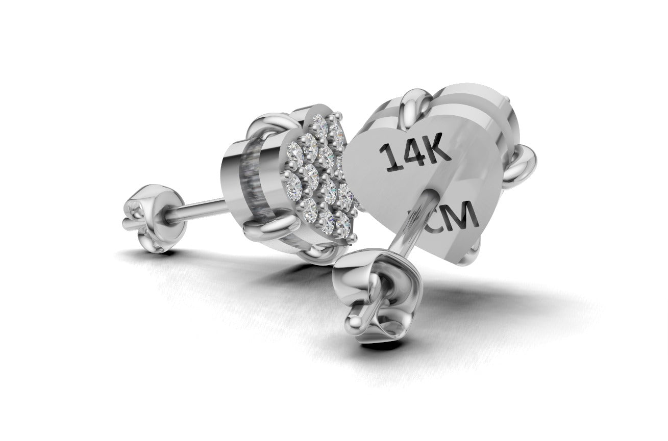 14k Gold Earrings Heart with 26 Diamonds, "STT: Prong", Push Back