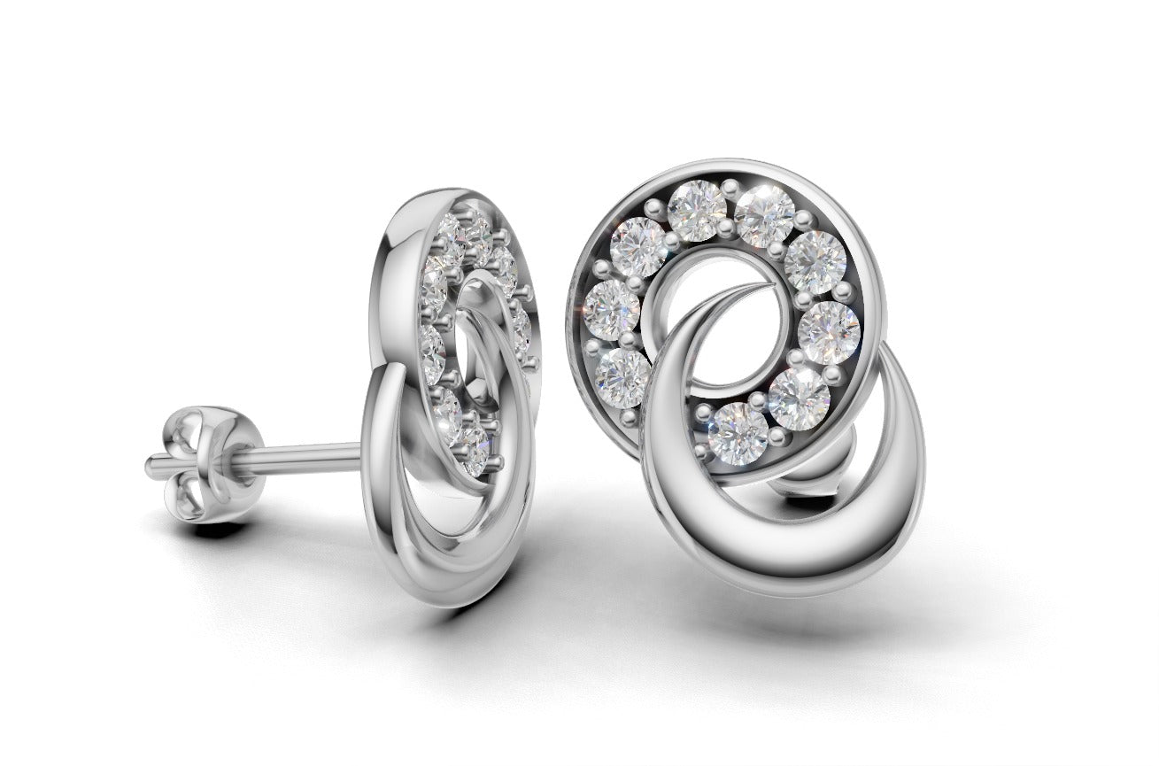 14K Gold Earring Circle and Moon with 18 Diamonds, "STT: Prong", Push Back, Cut Chanel