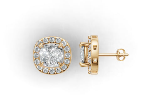 14k Gold Earrings Cushion with 34 Diamonds, "STT: 4-Prong", Push Back