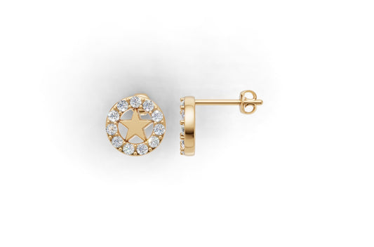 14K Gold Earrings Circle and Star with 22 Diamonds, "STT: Prong", Push Back